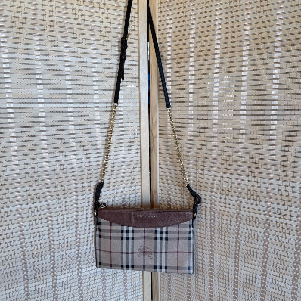 Burberry Haymarket Check Crossbody Bag – Brown Leather Trim – Chain Strap